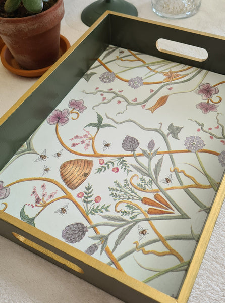 Angel Strawbridge potagerie wallpaper decoupaged onto hand painted wood tray with deep green paint and gold edging