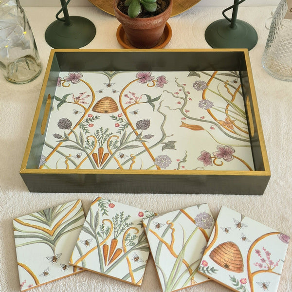 Beautifully decoupaged serving tray.  Painted deep green with gold edging, decoupaged in Angel Strawbridge's Potagerie wallpaper from her Escape To The Chateau range.  Handmade by Shel's Shabby Chic in Stotfold.