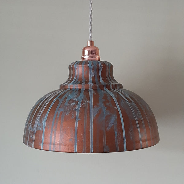 COPPER LAMP SHADE, Hand Painted Industrial Patina Pendant Light