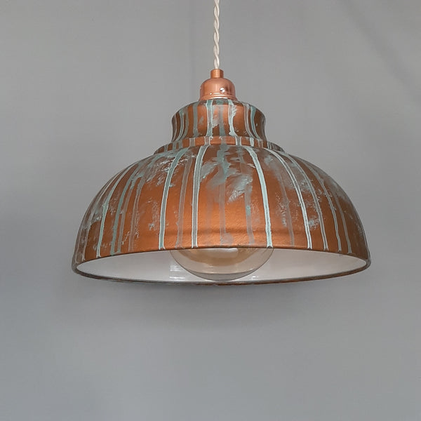 COPPER LAMP SHADE, Hand Painted Industrial Patina Pendant Light