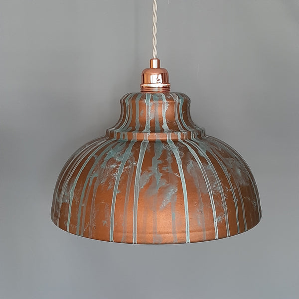 COPPER LAMP SHADE, Hand Painted Industrial Patina Pendant Light