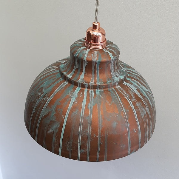 COPPER LAMP SHADE, Hand Painted Industrial Patina Pendant Light