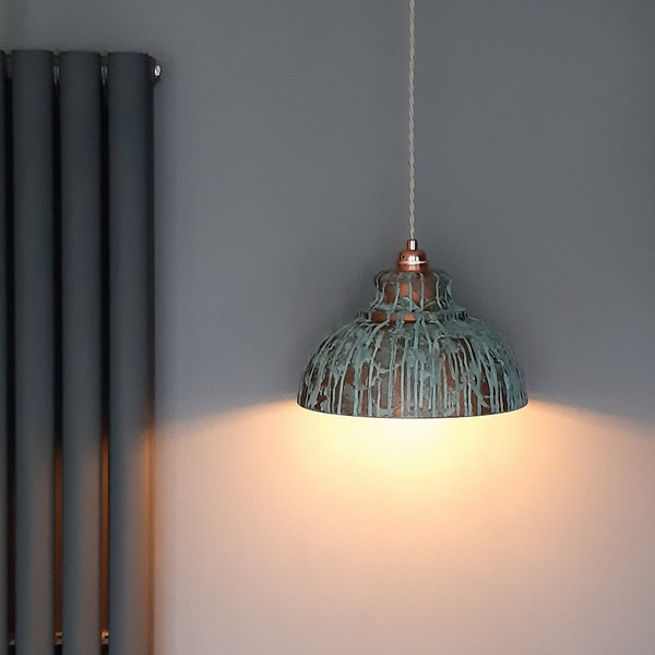 COPPER LAMP SHADE, Hand Painted Industrial Patina Pendant Light