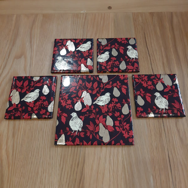 PARTRIDGE COASTER SET, pretty gold foil pears, with exclusive bottle stand