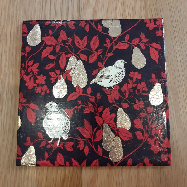 PARTRIDGE COASTER SET, pretty gold foil pears, with exclusive bottle stand