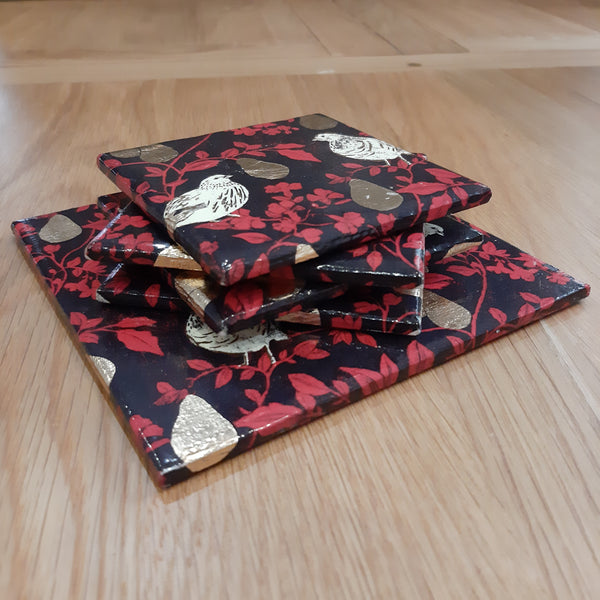 PARTRIDGE COASTER SET, pretty gold foil pears, with exclusive bottle stand