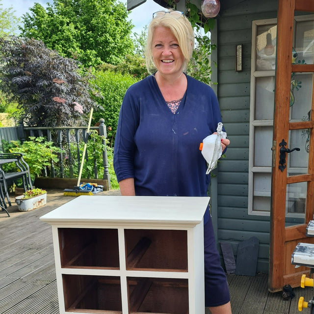 Colleen admiring her transformed furniture, after spending a day at a 1-to-1 Workshop at Shel's Shabby Chic in Stotfold, learning how to upcycle her own furniture..