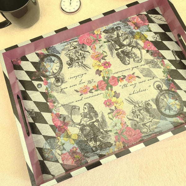 Handcrafted Alice in Wonderland wooden serving tray with black and silver harlequin pattern. Totally unique tray.
