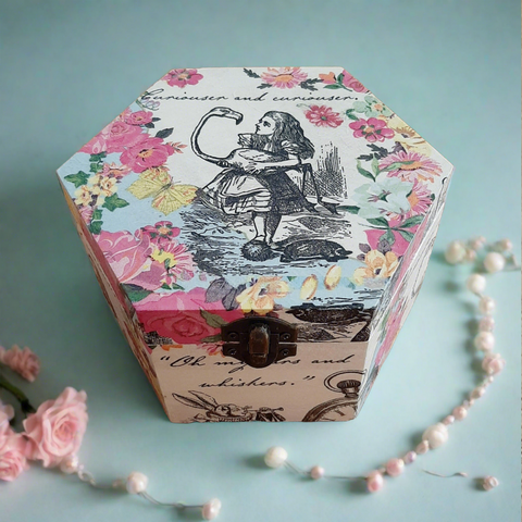 Alice in Wonderland decoupaged hexagonal wooden box with painted interior.  Ideal keepsake or jewellery box for your bedroom.  By Shel's Shabby Chic, Stotfold.