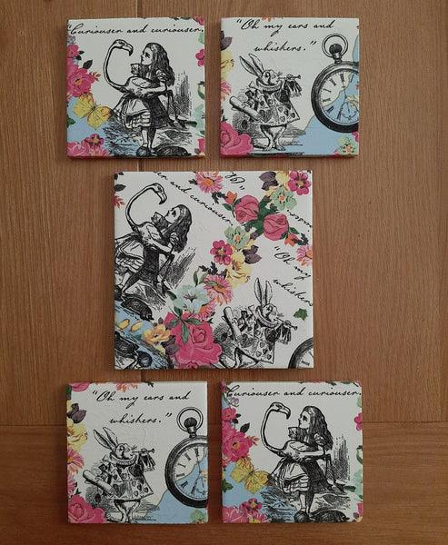 Alice in Wonderland set of 4 coasters and 1 place mat, ideal for drinks and a bottle.