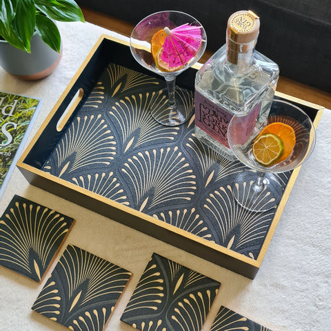 Unique wooden serving tray with handles, hand decorated with blue and gold Art Deco fan design, gold edged, matching coasters available from Shel's Shabby Chic.