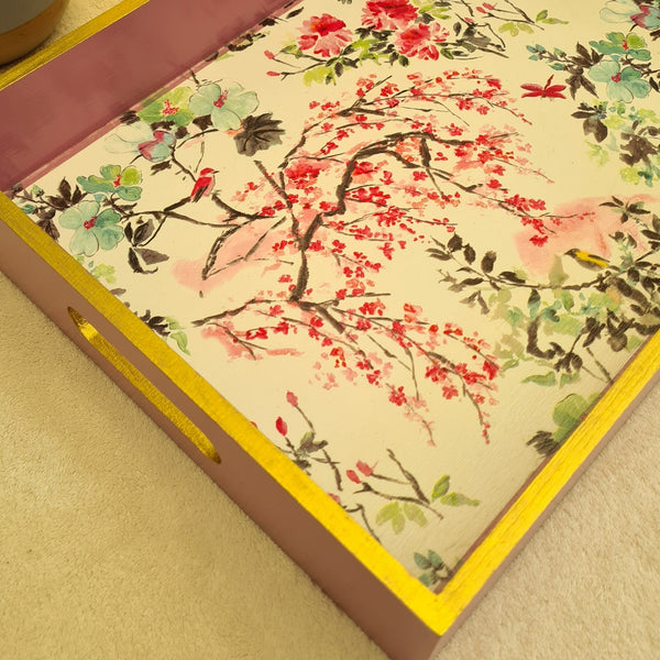 Cherry Blossom serving tray. Wood painted pink with chinoiserie design and gold edges. Handmade by Shel's Shabby Chic, Stotfold.