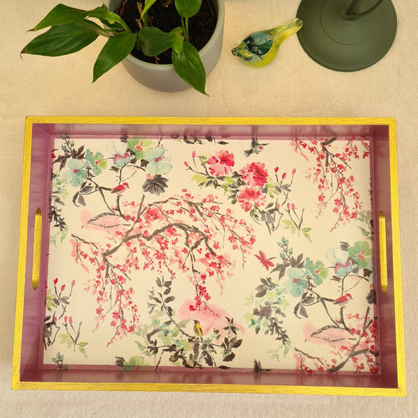 Cherry Blossom serving tray.  Wood painted pink with chinoiserie design and gold edges.  Handmade by Shel's Shabby Chic, Stotfold.