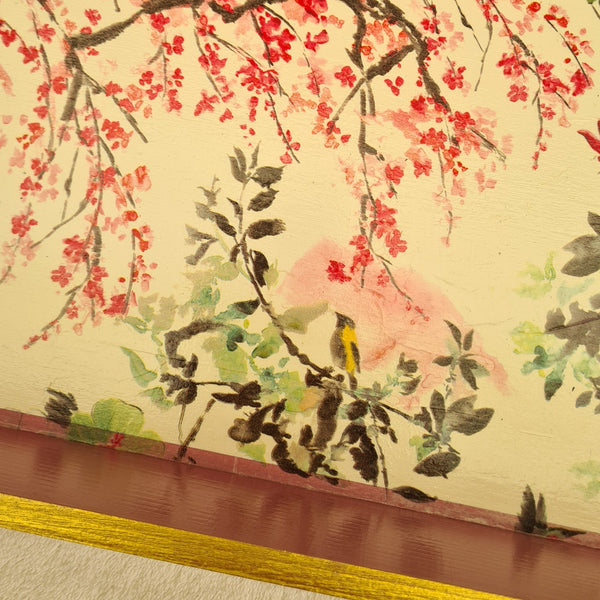 Cherry Blossom serving tray. Wood painted pink with chinoiserie design and gold edges. Handmade by Shel's Shabby Chic, Stotfold.