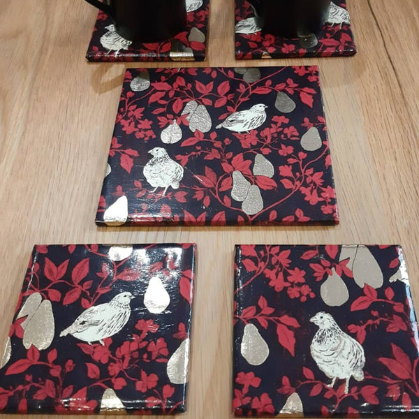 Christmas foiled coasters, handmade in Partridge in a pear tree paper