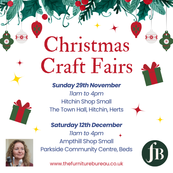 Promotional flyer for Christmas Craft Fairs featuring festive green holly and red berries, attended by The Furniture Bureau.