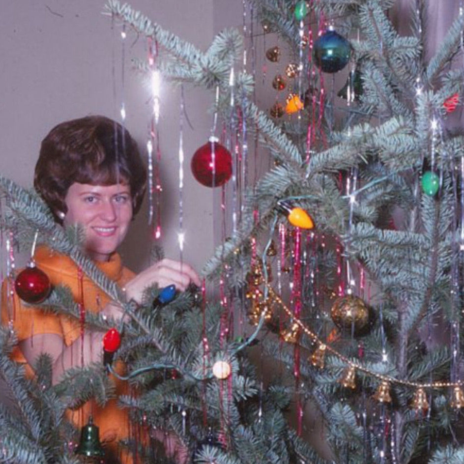 Retro Christmas Tree decorated in tinsel advertising the Curiosity Fair in Bourn, Cambridge on Saturday 8 November 2025
