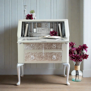 Rare and unique Lebus CC41 writing bureau, totally transformed in light green and silver with reflective rose foils.  Details include matching tassel, hardware and handles by Shel's Shabby Chic, Stotfold