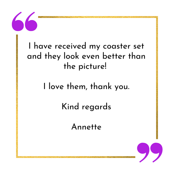 Product review of ceramic coasters, with a gold border and purple quotation marks on a white background