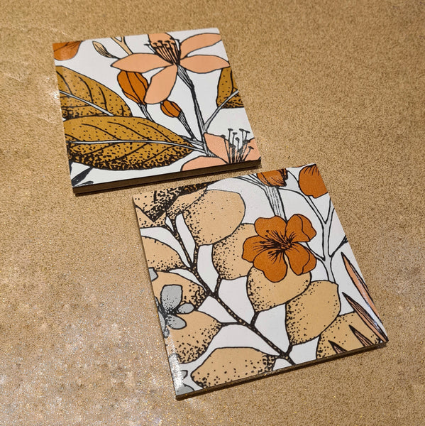 Retro floral coasters in browns and greys.  Ceramic coasters handmade by Shel's Shabby Chic, Stotfold.