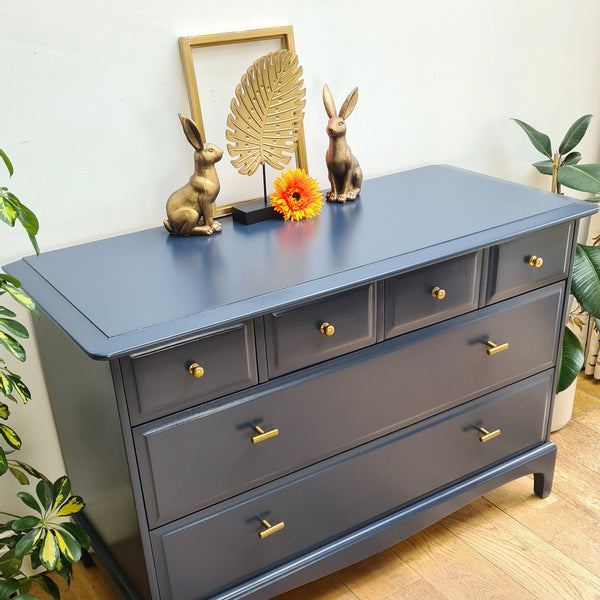 Stag Minstrel deep blue chest of drawers, professionally painted vintage bedroom furniture, with brass fittings and Nouveau Heron lined drawers by Shel's Shabby Chic, Stotfold
