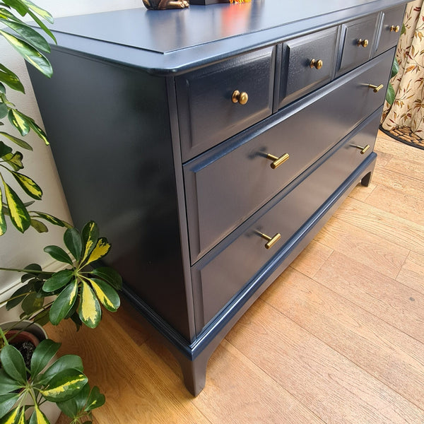 Stag Minstrel deep blue chest of drawers, professionally painted vintage bedroom furniture, with brass fittings and Nouveau Heron lined drawers by Shel's Shabby Chic, Stotfold