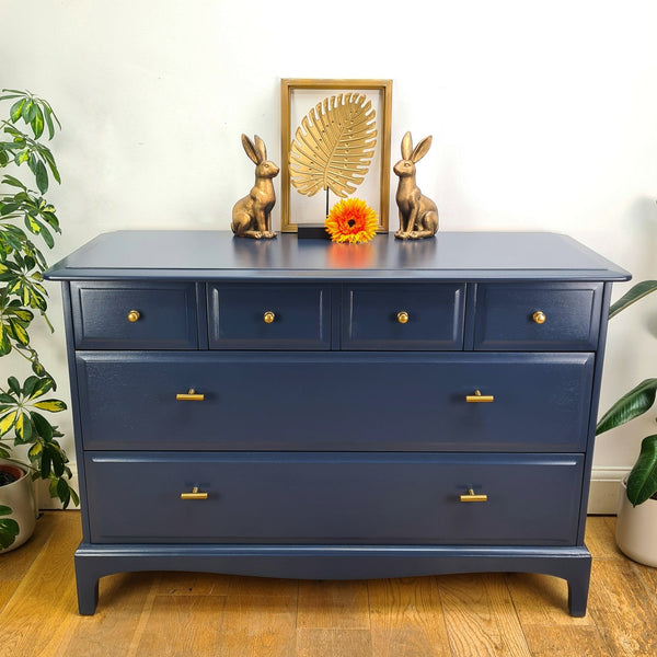 Stag Minstrel deep blue chest of drawers, professionally painted vintage bedroom furniture, with brass fittings and Nouveau Heron lined drawers by Shel's Shabby Chic, Stotfold