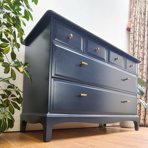 Stag Minstrel deep blue chest of drawers, professionally painted vintage bedroom furniture, with brass fittings and Nouveau Heron lined drawers by Shel's Shabby Chic, Stotfold