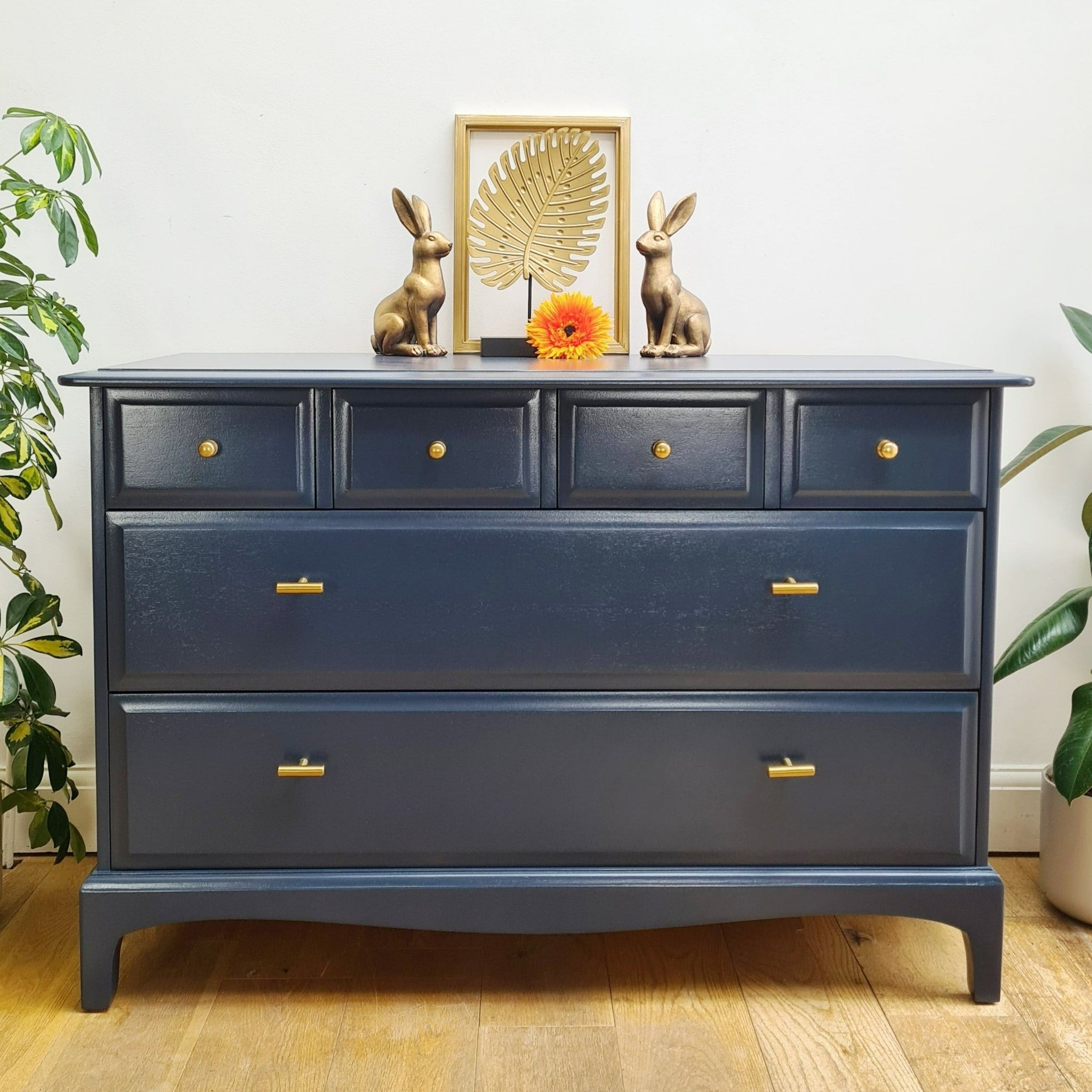 Stag Minstrel deep blue chest of drawers, professionally painted vintage bedroom furniture, with brass fittings and Nouveau Heron lined drawers by Shel's Shabby Chic, Stotfold