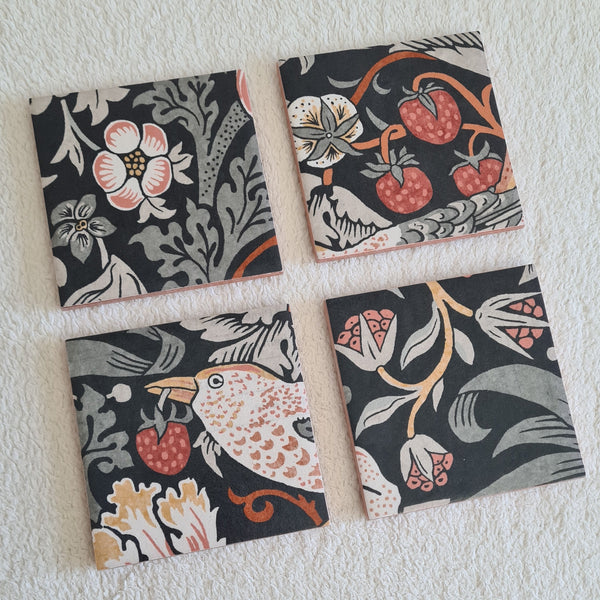 Set of 4 William Morris ceramic coasters in Strawberry Thief design in Charcoal grey colourway.  Handmade by Shel's Shabby Chic.