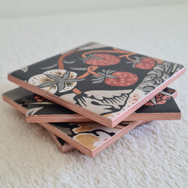 Set of 4 William Morris ceramic coasters in Strawberry Thief design in Charcoal grey colourway.  Handmade by Shel's Shabby Chic.