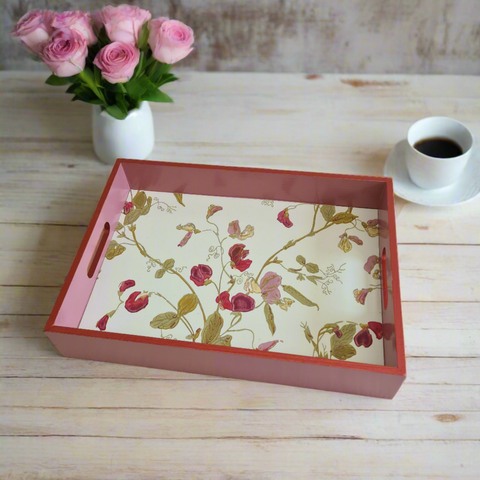 Serving Tray in a nostalgic garden sweet pea design, painted pink and decoupaged by hand with a deep pink metallic edge.  handles, varnished, wipe clean. by Shel's Shabby Chic, Stotfold.