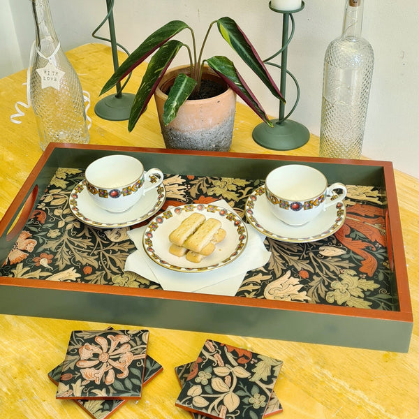 Large wooden serving tray hand painted and decoupaged in William Morris Compton wallpaper
