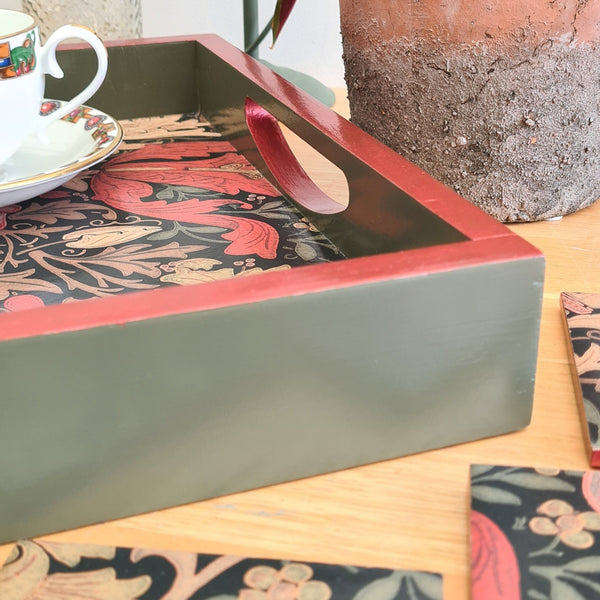 Large wooden serving tray, hand painted in deep sage green and decoupaged with William Morris Compton wallpaper 