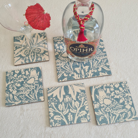 William Morris Brer Rabbit coaster set of 4 plus exclusive bottle stand, handmade by Shel's Shabby Chic, Stotfold.