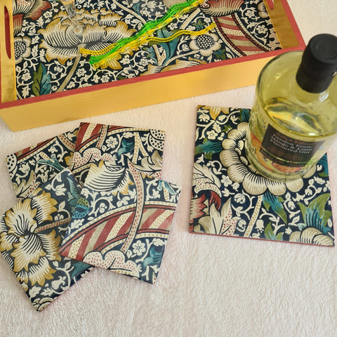 William Morris coasters and exclusive bottle stand, in Wandle design, set of 5 handmade by Shel's Shabby Chic, Stotfold