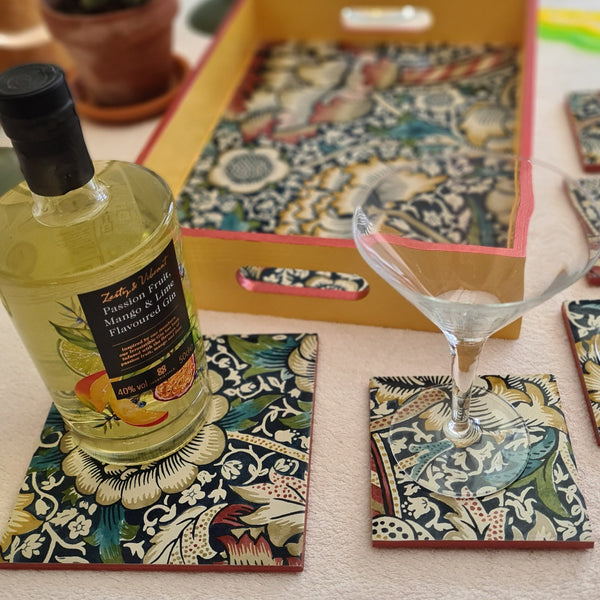 William Morris coasters and exclusive bottle stand, in Wandle design, set of 5 handmade by Shel's Shabby Chic, Stotfold