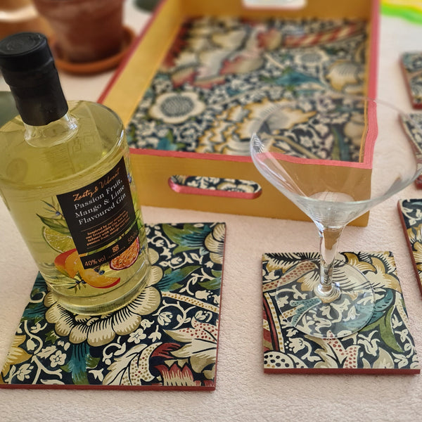 William Morris coasters and exclusive bottle stand, in Wandle design, set of 5 handmade by Shel's Shabby Chic, Stotfold