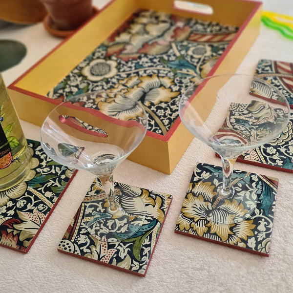 William Morris coasters and exclusive bottle stand, in Wandle design, set of 5 handmade by Shel's Shabby Chic, Stotfold