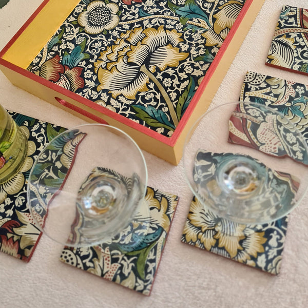 William Morris coasters and exclusive bottle stand, in Wandle design, set of 5 handmade by Shel's Shabby Chic, Stotfold