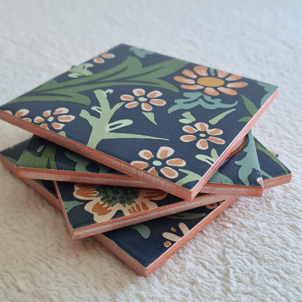 Set of 4 ceramic coasters in William Morris Blackthorn design in slate blue, handmade by Shel's Shabby Chic.
