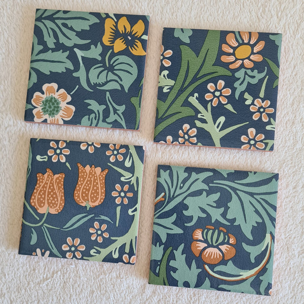 Set of 4 ceramic coasters in William Morris Blackthorn design in slate blue, handmade by Shel's Shabby Chic.