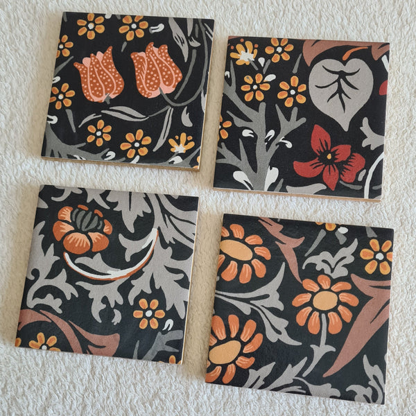 Set of 4 ceramic coasters in William Morris Blackthorn design in charcoal grey, handmade by Shel's Shabby Chic.