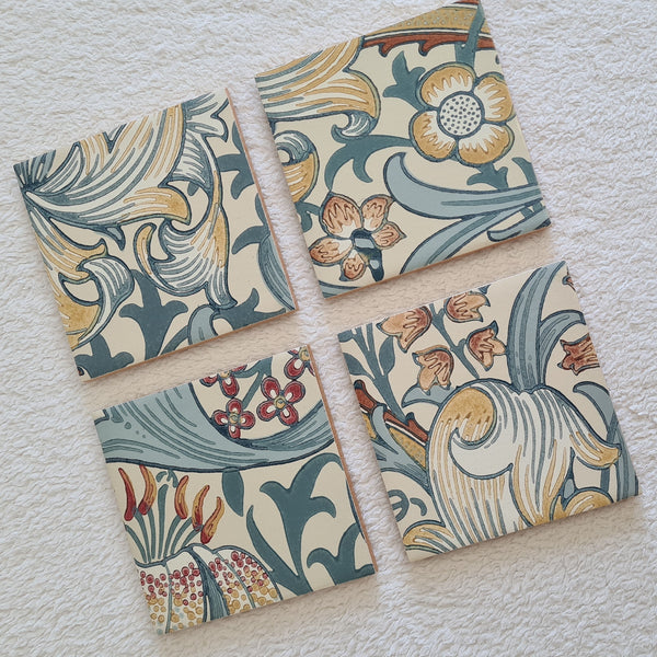 Set of 4 Ceramic Coasters in William Morris Golden Lily pattern in slate blue, handmade by Shel's Shabby Chic.