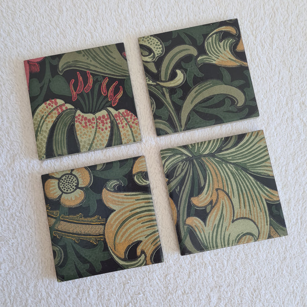 Set of William Morris Coasters in Golden Lily pattern - Charcoal Grey - handmade by Shel's Shabby Chic.