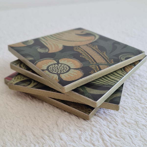 Set of William Morris Coasters in Golden Lily pattern - Charcoal Grey - handmade by Shel's Shabby Chic.