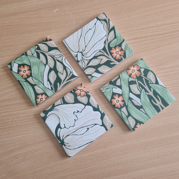 Handmade William Morris Pimpernel coaster set of 4 square ceramic coasters in green, cream and orange floral pattern