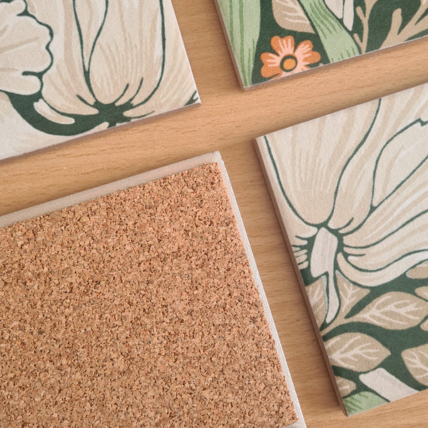 Handmade William Morris Pimpernel ceramic coasters showing cork backing and 10cm square base