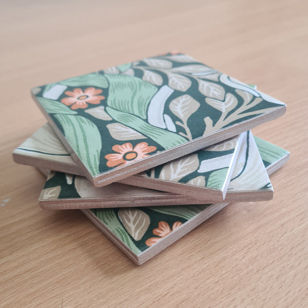 William Morris Pimpernel handmade coasters, protecting your coffee table from hot drinks, heat and water resistant