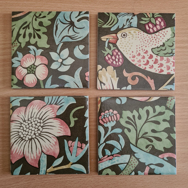 Handmade William Morris Strawberry Thief coaster set of 4 square ceramic coasters showing bird and strawberry pattern